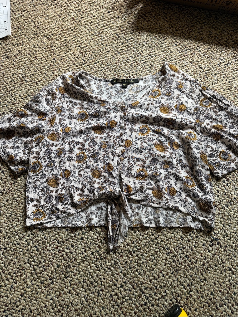 Gypsies & Moondust White Floral Tie-Front Crop Top with Mustard Accents
